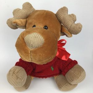 Moose Reindeer Plush Stuffed Animal Holiday Toy Brown W Bow & Red Polo Sweater